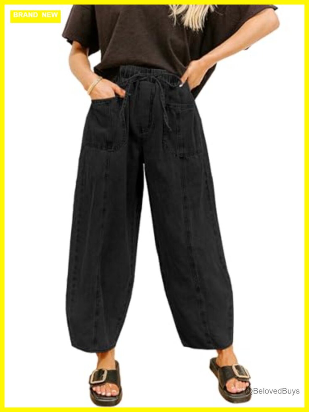 Sidefeel Barrel Jeans Drawstring Baggy Denim Pants High Rise Stretch Ankle